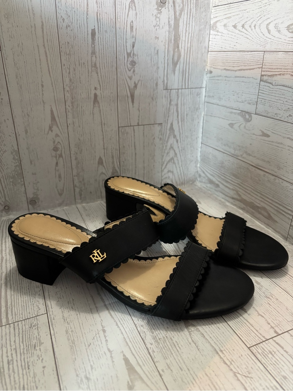 Ralph Lauren Black Scalloped Two-Band Block Heel Mules